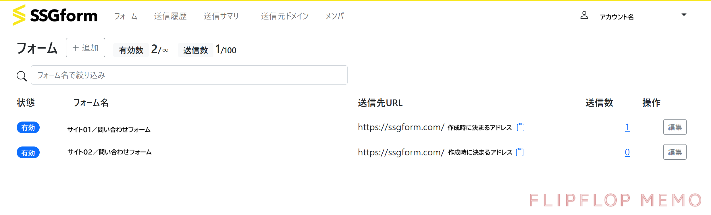 SSGform管理画面トップ
